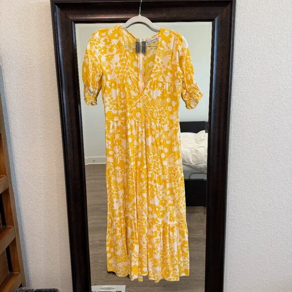 Faithfull the Brand | Dresses | Faithfull The Brand Womens Short Sleeve V  Neck Floral Midi Dress Yellow Size 4 | Poshmark